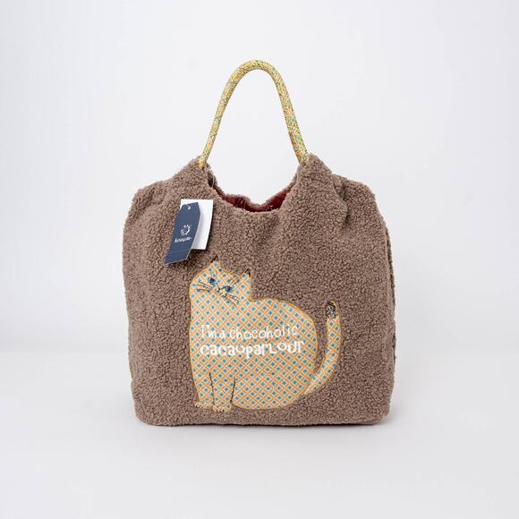 Cozy Teddy Fleece Cat Appliqué Tote Bag - Kusuguru Japan - Picture 5 of 9
